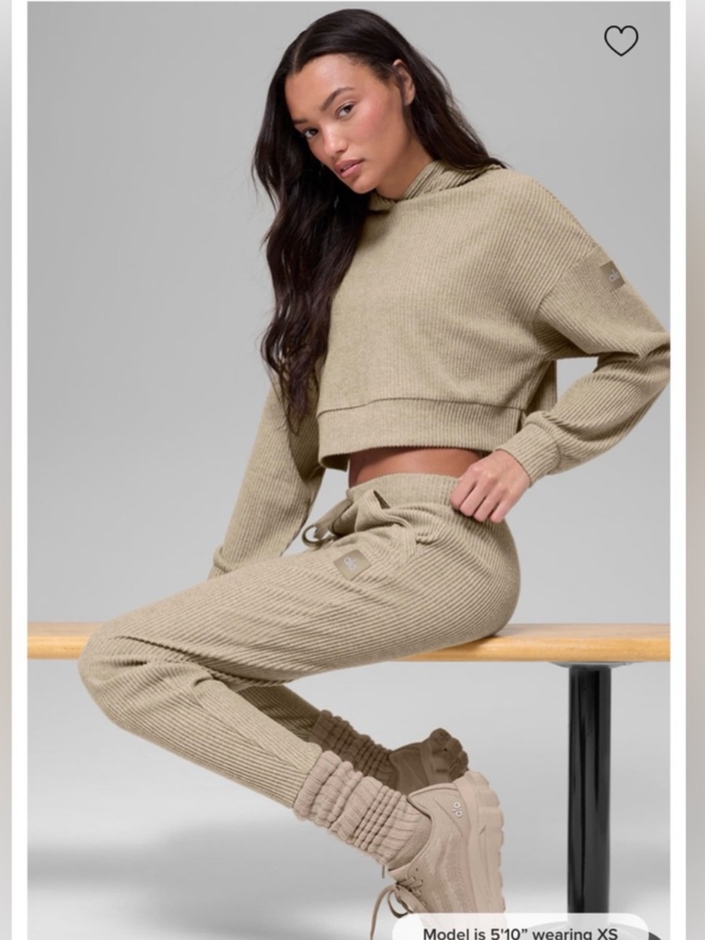 ALO Yoga Muse Ribbed Sweatpant Jogger in Tan Heathered Knit | S